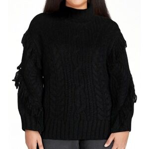 Scoop Womens Sweater Cable Knit Turtleneck  Fringe Midweight Black Soot Size XL